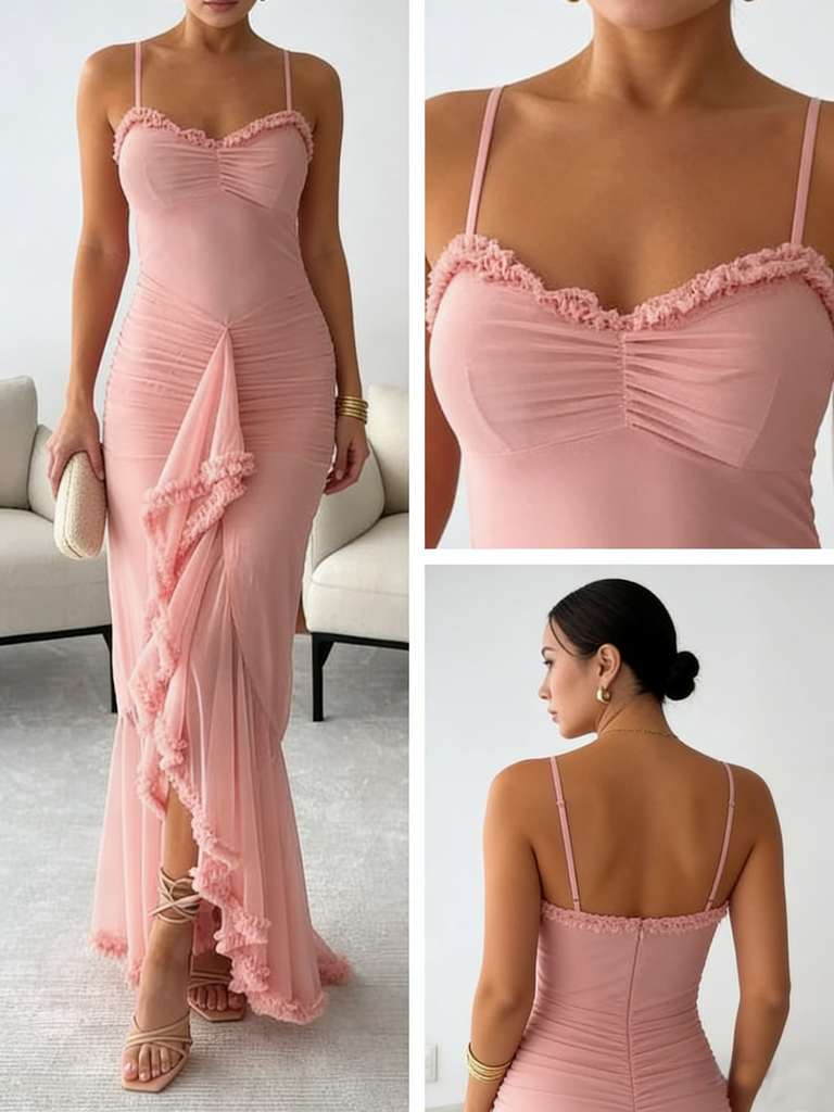 Sexy Chiffon Spaghetti Straps Ruffled Mermaid Floor Length Prom Dress With Split, PD4121