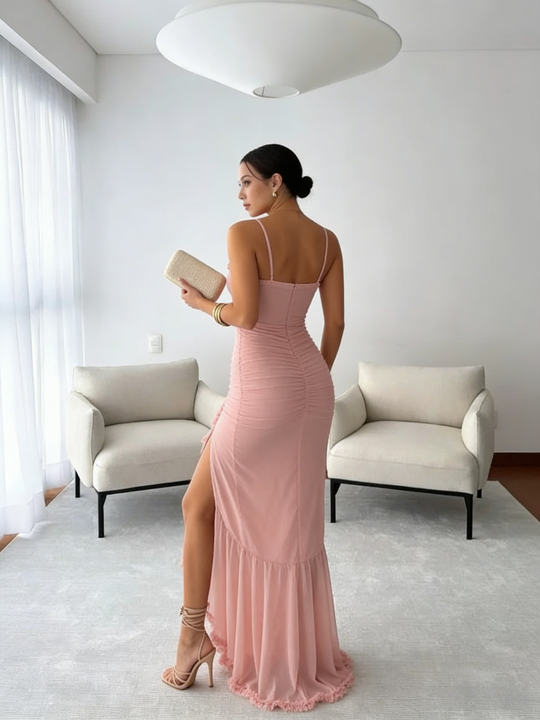 Sexy Chiffon Spaghetti Straps Ruffled Mermaid Floor Length Prom Dress With Split, PD4121