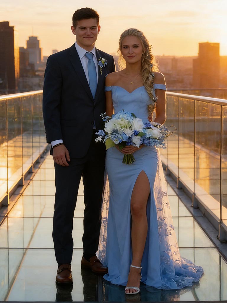 Sky-Blue Off-the-Shoulder Prom Dress with Lace Overlay and Corset Back, PD4123