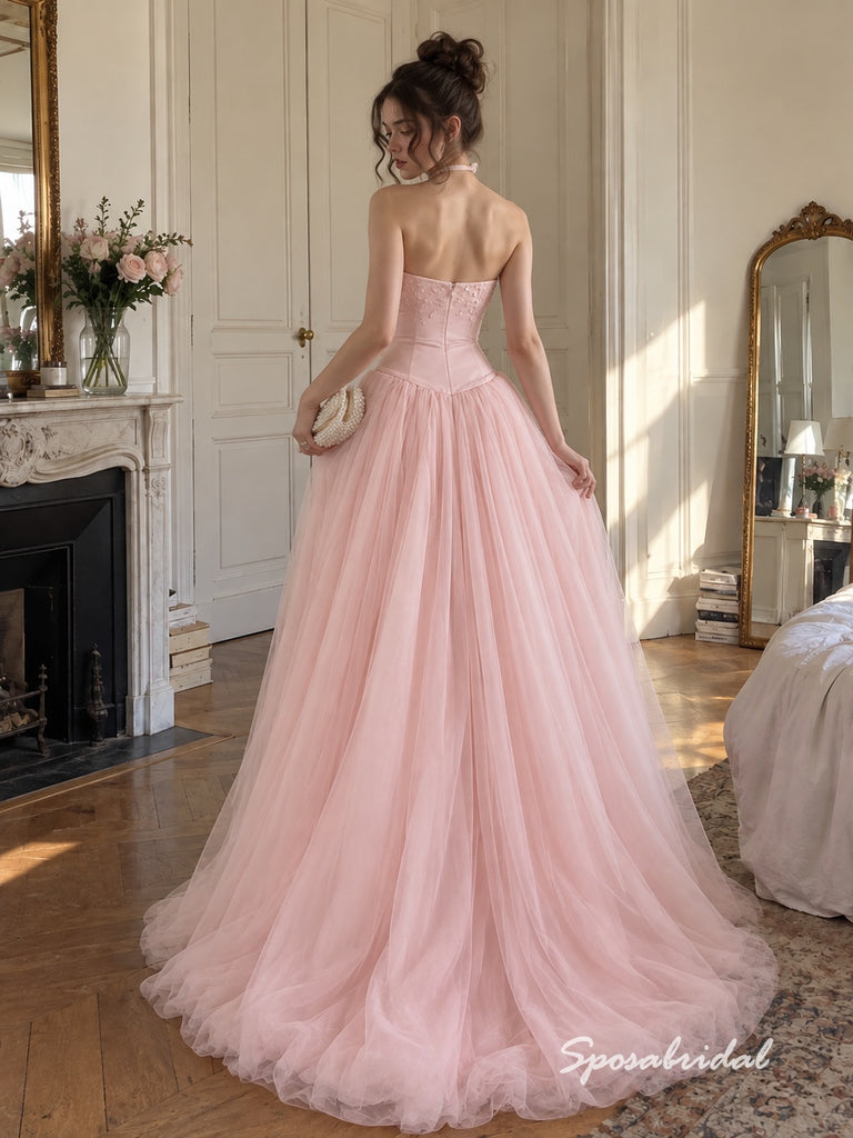 Blush Pink Beaded Embroidery Satin Strapless Corset Tulle Ball Gown Floor Length Evening Dress, PD4328