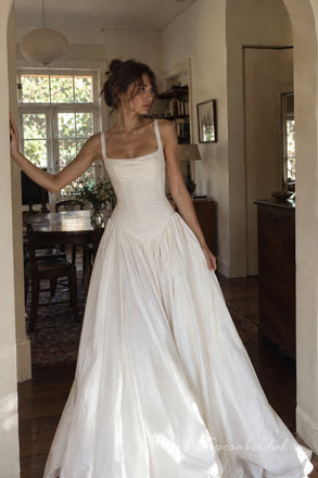 Ivory Matte Stretch Crepe Square Neck Thick Strap Corset Ball Gown Wedding Dress With Train,WD3135