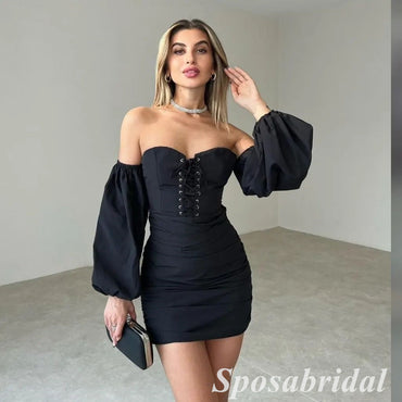 Sexy Black Special Fabric Sweetheart Sheath Mini Dresses/ Homecoming Dresses With Long Sleeves, PD3535