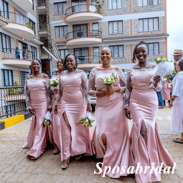 Sexy Pink Lace And Soft Satin Long Sleeves Side Slit Mermaid Floor Length Bridesmaid Dresses, BD3315