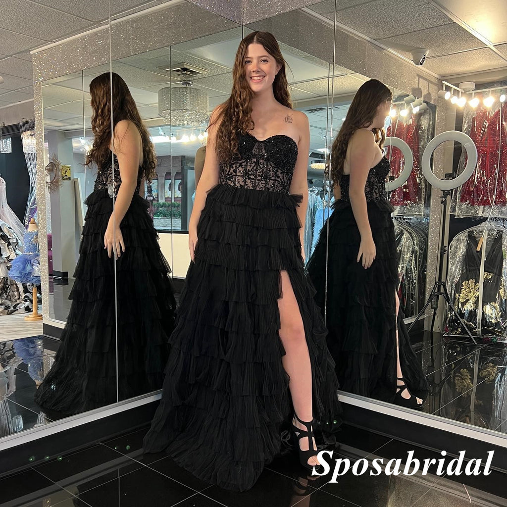 Sexy Black Sweetheaart A-Line Long Prom Dresses With Applique And Beading, PD3773