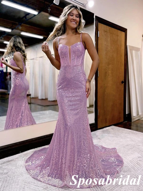 Shiny Charming Spaghetti Straps Mermaid Long Prom Dresses, PD3761