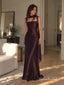 Chocolate Brown Satin Thick Strap Square Neck Sheath Floor Length Evening Dress With Choker Sash,PD4326