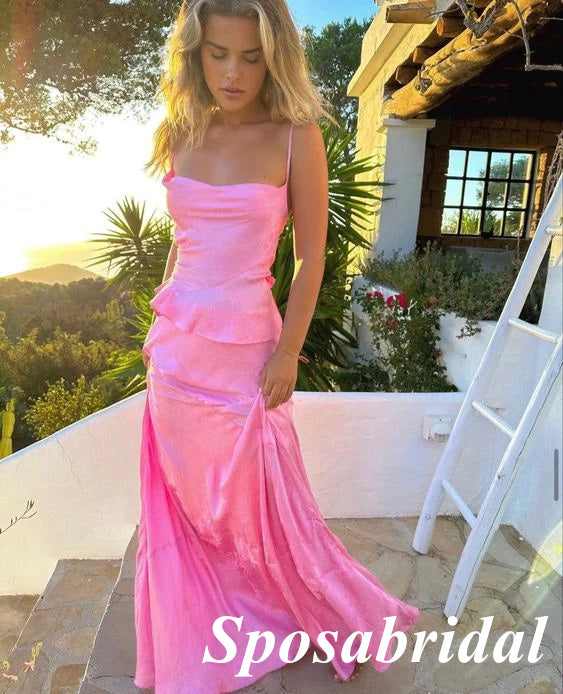 Sweet Pink Soft Satin Spaghetti Straps Sleeveless Mermaid Long Prom Dresses, PD3890