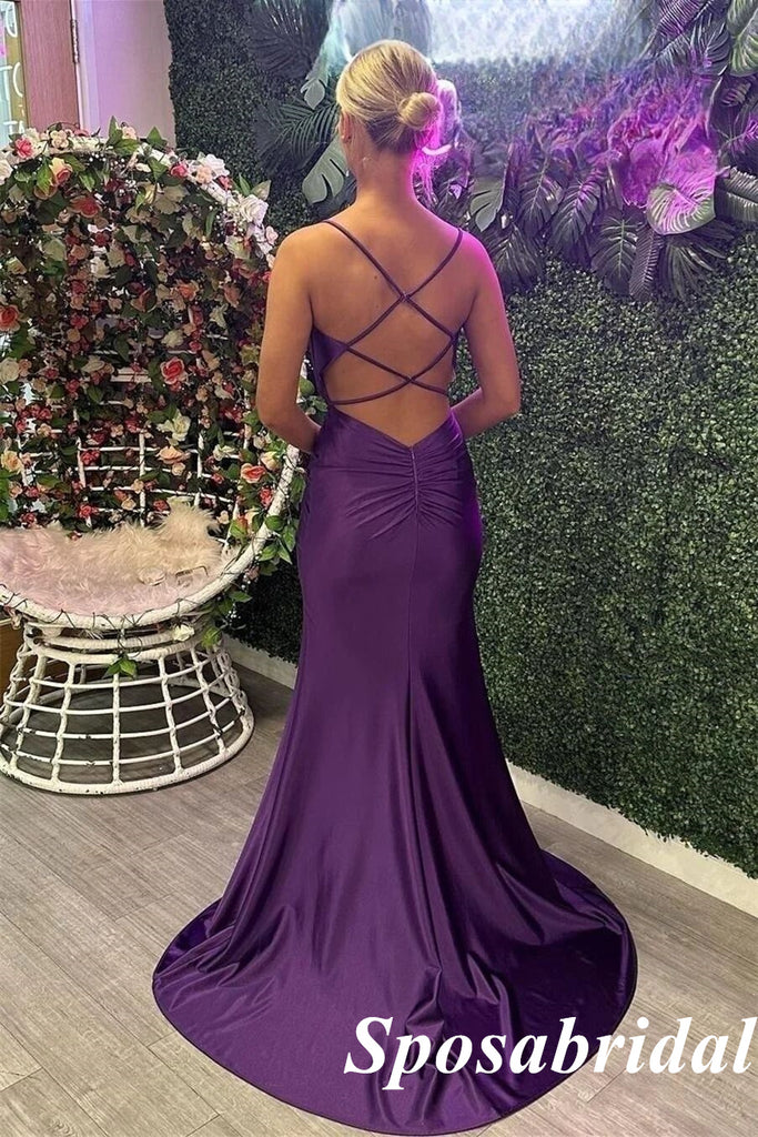 Sexy Grape Satin Sleeveless Criss-Cross Side Slit Mermaid Long Prom Dresses , PD3810