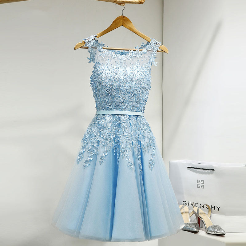 Light blue appliques lace see through lovely freshman homecoming prom gown dress,BD00109