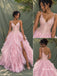 V-Neck Spaghetti Strap Beaded Evening Dress, Ruffled Tulle Skirt Pink Formal Gown, PD4379