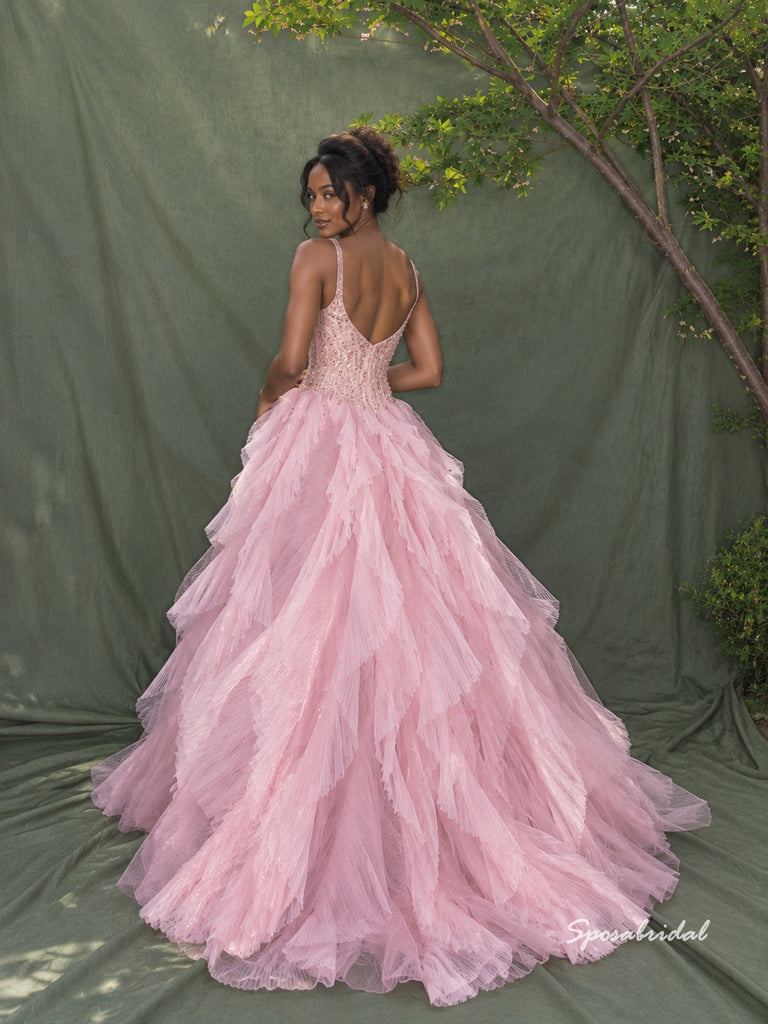 V-Neck Spaghetti Strap Beaded Evening Dress, Ruffled Tulle Skirt Pink Formal Gown, PD4379