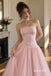 Blush Pink Beaded Embroidery Satin Strapless Corset Tulle Ball Gown Floor Length Evening Dress, PD4328