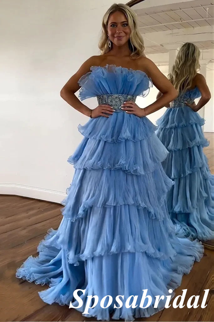 Elegant Blue Tulle Sweetheart  A-Line Long Prom Dresses With Applique, PD3818