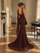 Chocolate Brown Beaded Lace Corset Sweetheart Mermaid Evening Dress With High Slit,PD4324