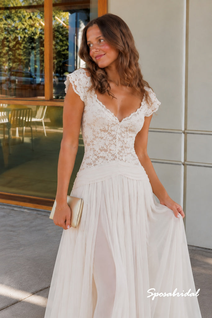 Lace Top Pleated Skirt Wedding Dress, Cap Sleeve Open Back Bridal Gown, WD3158