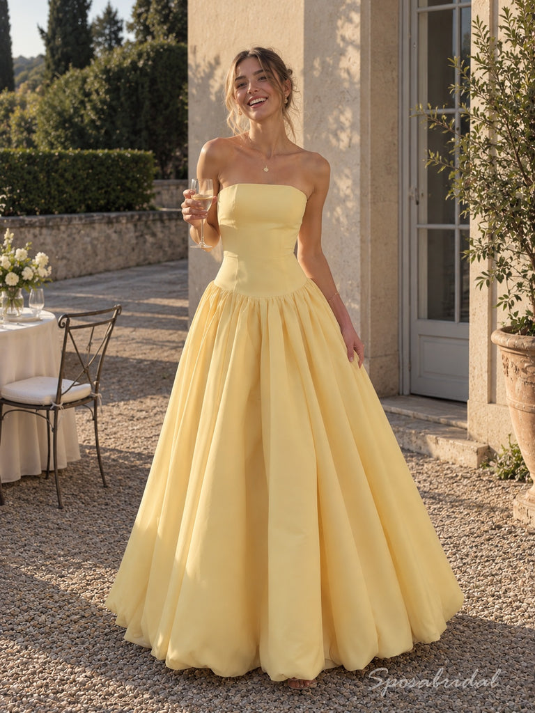 Yellow Satin Strapless Tube Neck High Waist Bubble Hem A-Line Floor Length Evening Dress,PD4317
