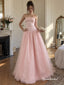 Blush Pink Beaded Embroidery Satin Strapless Corset Tulle Ball Gown Floor Length Evening Dress, PD4328