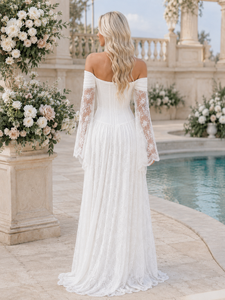 Off The Shoulder Lace Bell Sleeve Wedding Dress, WD3119