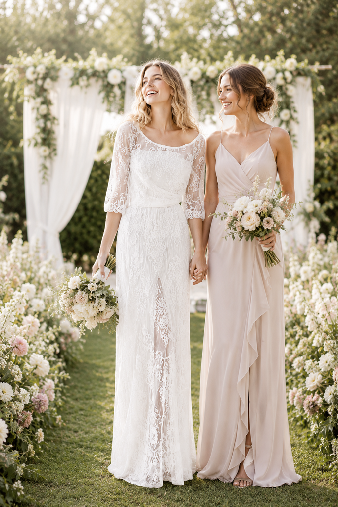 Boat Neck Lace Three Quarter Sleeve Wedding Dress, WD3120