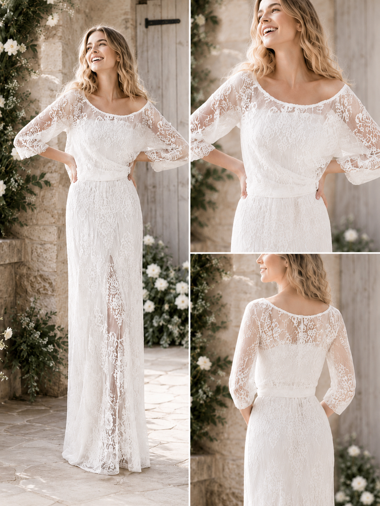 Boat Neck Lace Three Quarter Sleeve Wedding Dress, WD3120