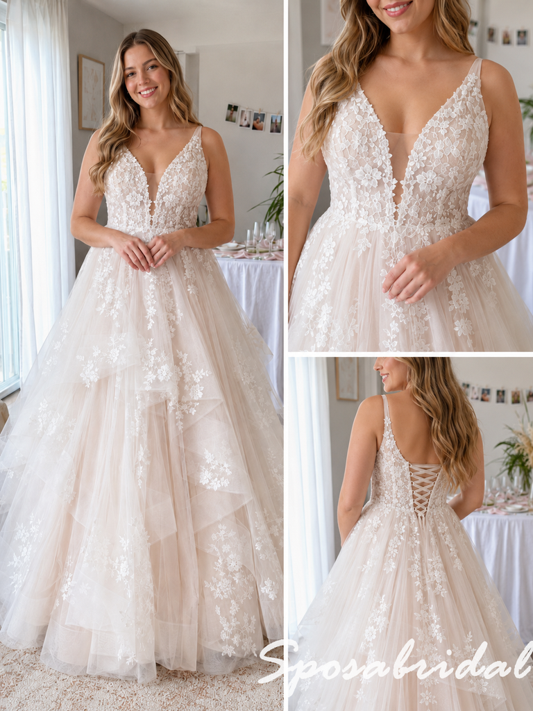 Lace Floral Tulle Deep V Spaghetti Straps Corset Back Wedding Dress Bridal Gown, WD3122
