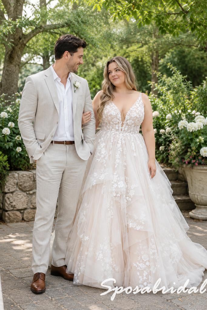 Lace Floral Tulle Deep V Spaghetti Straps Corset Back Wedding Dress Bridal Gown, WD3122