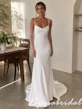 Soft White Satin Mermaid Wedding Dress Pearl Spaghetti Straps Cowl Bridal Gown, WD3124