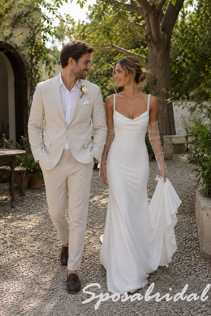 Soft White Satin Mermaid Wedding Dress Pearl Spaghetti Straps Cowl Bridal Gown, WD3124