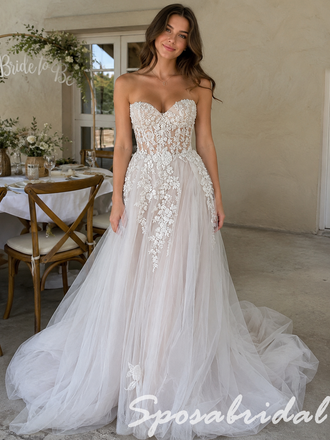 Ivory Floral Lace Strapless Sweetheart Sheer Corset Bodice Tulle A-Line Romantic Bridal Gown, WD3123