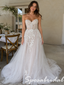 Ivory Floral Lace Strapless Sweetheart Sheer Corset Bodice Tulle A-Line Romantic Bridal Gown, WD3123