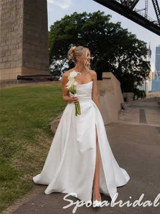 Elegant Strapless White Satin Wedding Dress With High Slit Minimalist Bridal Gown, WD3125