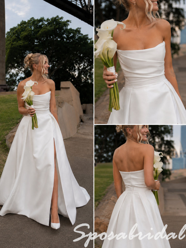 Elegant Strapless White Satin Wedding Dress With High Slit Minimalist Bridal Gown, WD3125