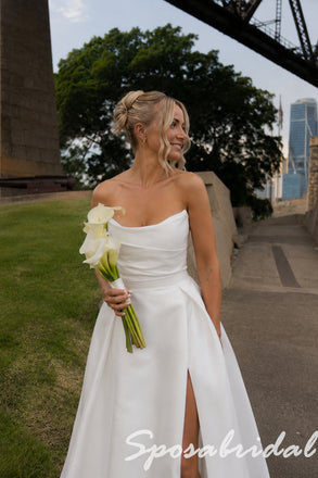 Elegant Strapless White Satin Wedding Dress With High Slit Minimalist Bridal Gown, WD3125