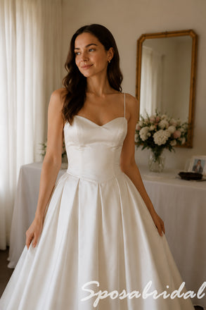 Elegant Ivory Satin Ball Skirt Wedding Dress Thin Straps Lace Bottom Hem, WD3126