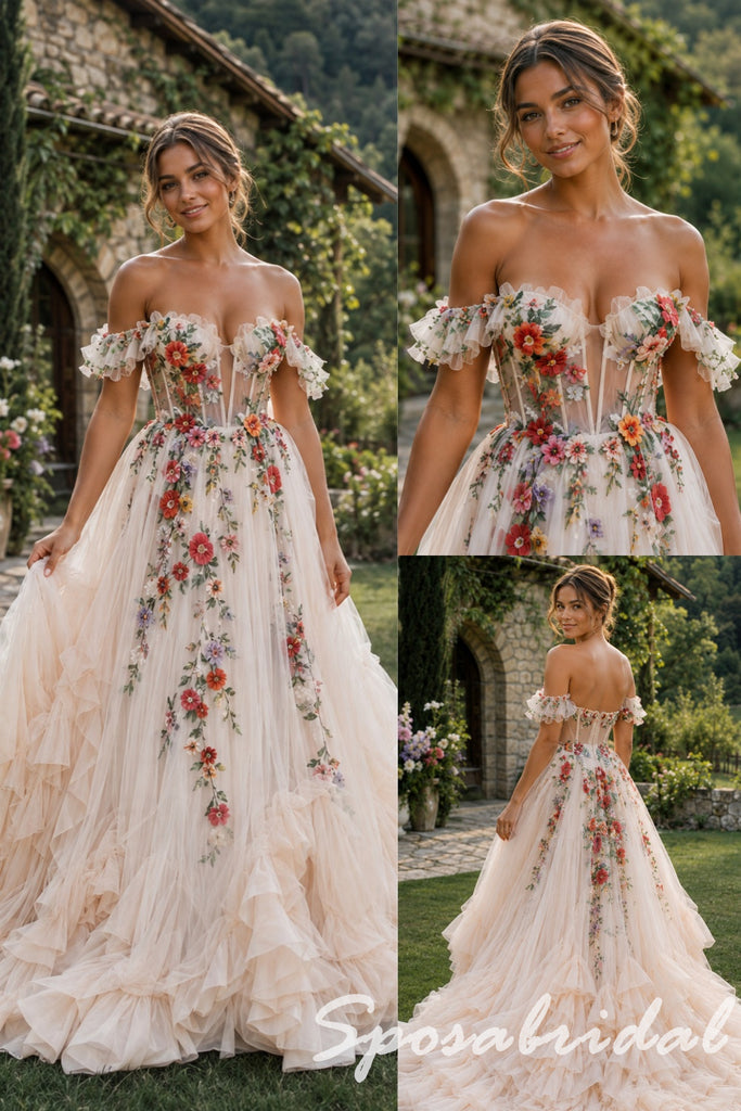 Boho 3D Floral Tulle Ruffle Off Shoulder Wedding Gown, WD3127