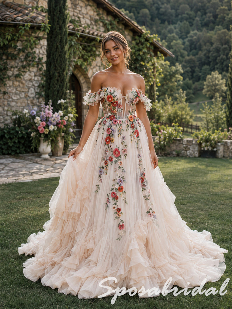 Boho 3D Floral Tulle Ruffle Off Shoulder Wedding Gown, WD3127