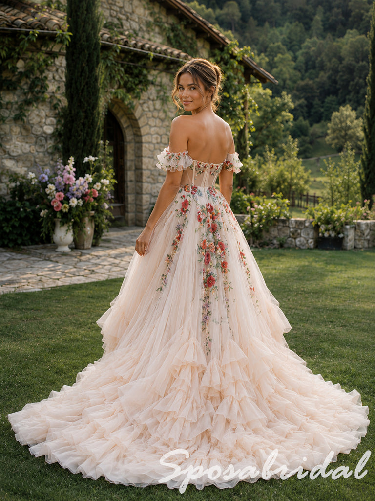 Boho 3D Floral Tulle Ruffle Off Shoulder Wedding Gown, WD3127
