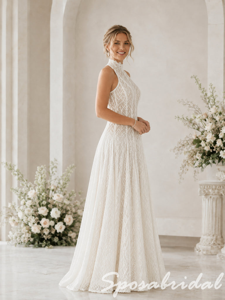 Romantic High Neck Sleeveless Lace Bridal Gown, WD3128