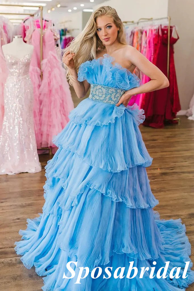 Elegant Blue Tulle Sweetheart  A-Line Long Prom Dresses With Applique, PD3818