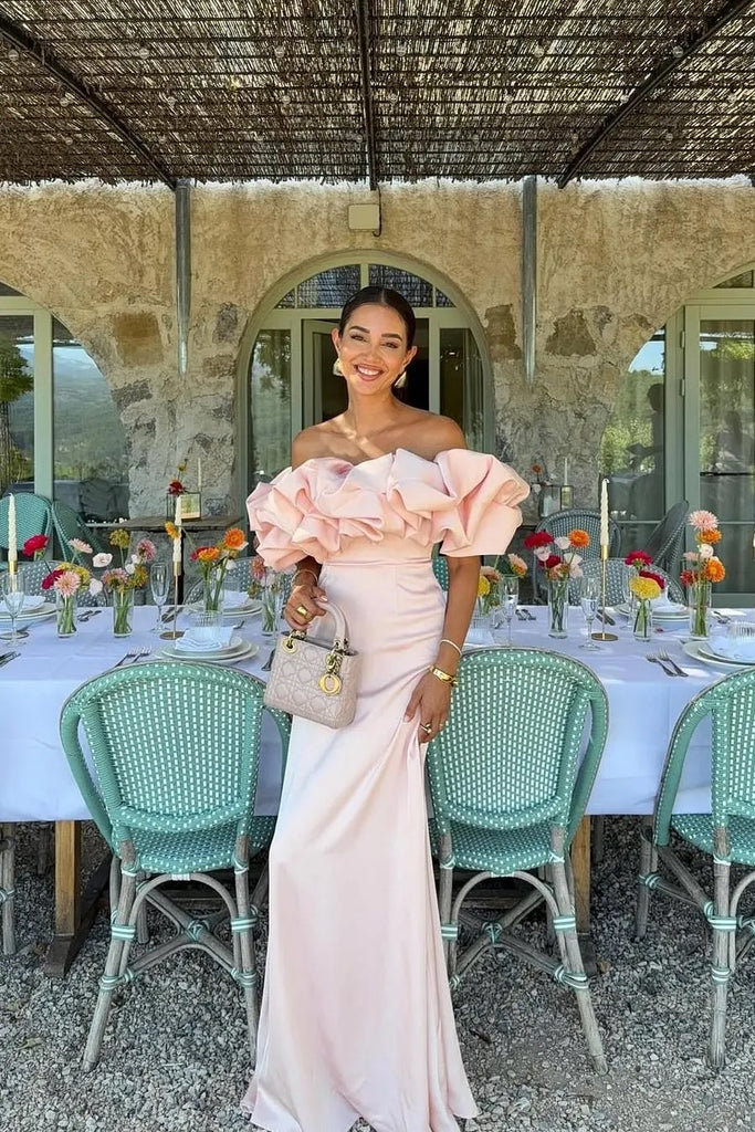 Sweet Satin Off Shoulder Sleeveless Mermaid Maxi Prom Dress with Ruffles, PD4045