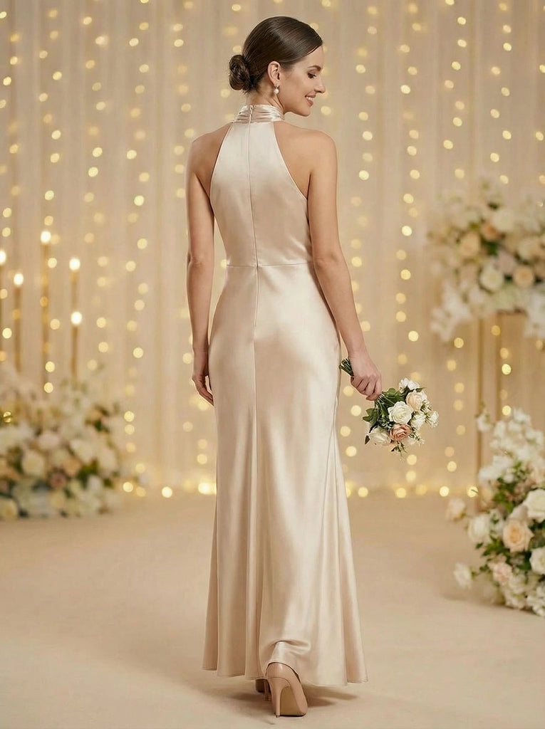 Sexy Halter Soft Satin Sleeveless Floor-Length Mermaid Maxi Mermaid Bridesmaid Dresses, BD3445