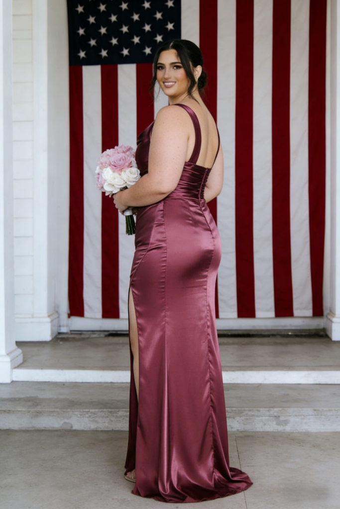 Sexy Soft Satin Spaghetti Straps Sleeveless Side Slit Mermaid Maxi Bridesmaid Dresses, BD3444