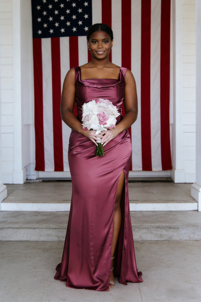 Sexy Soft Satin Spaghetti Straps Sleeveless Side Slit Mermaid Maxi Bridesmaid Dresses, BD3444