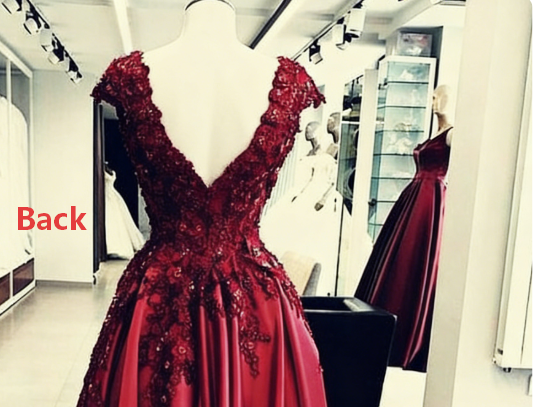 Chamring Split Side Floor Length V-Neck Burgundy Prom Dresses with Appliques Flower ,PD1101