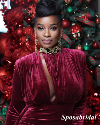 Elegant Burgundy Velvet Long Sleeves High Neck Side Slit Mermaid Long Prom Dresses, PD3791