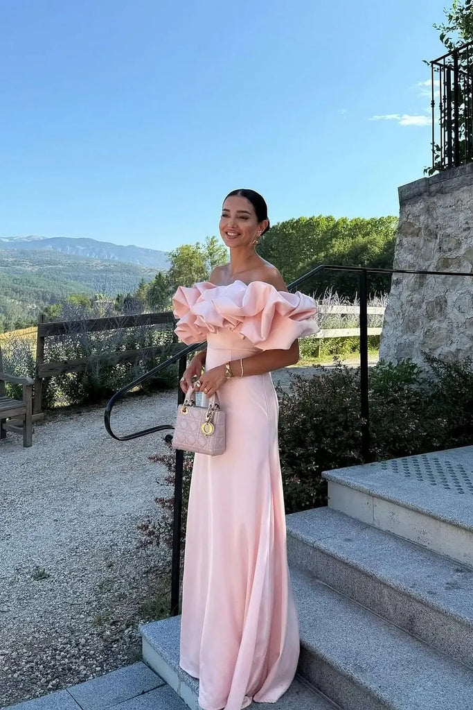 Sweet Satin Off Shoulder Sleeveless Mermaid Maxi Prom Dress with Ruffles, PD4045