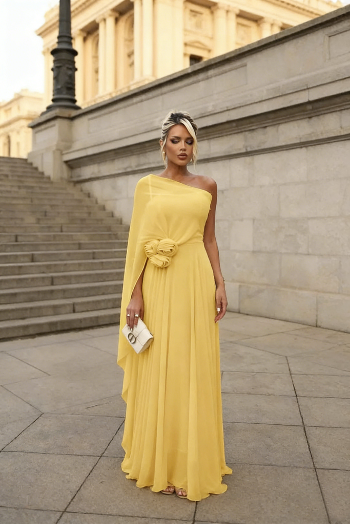 Sweet Chiffon One Shoulder A-Line Maxi Prom Dress, PD4048