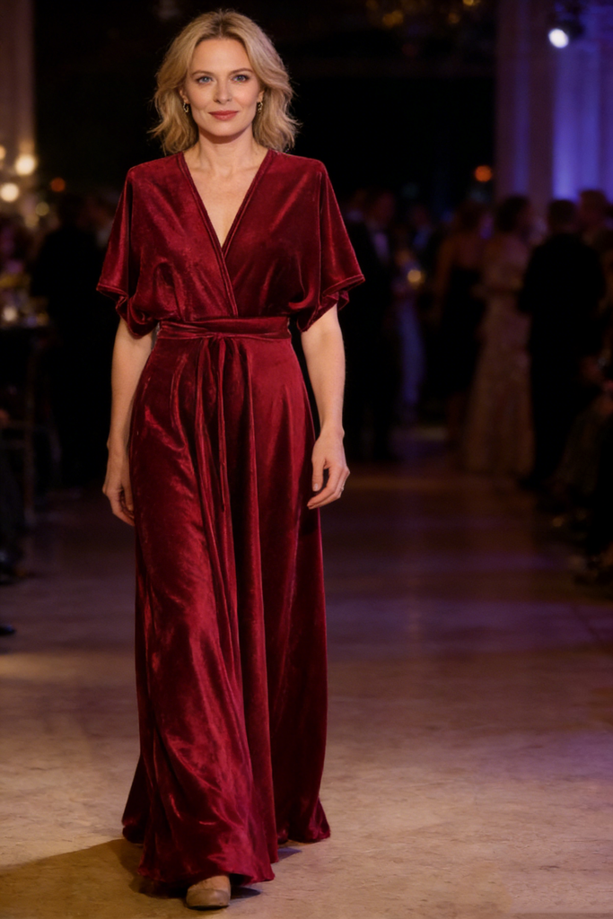 Elegant Velvet Flutter Sleeves Floor-Length A-Line Mother Of The Bride Dresses, SFM006