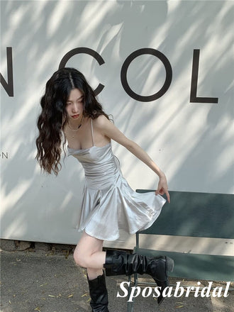 Sexy Silver Elastic Satin Spaghetti Straps Sleeveless Lace Up Back Mermaid Short Prom Dresses/Homecoming Dresses, PD3524