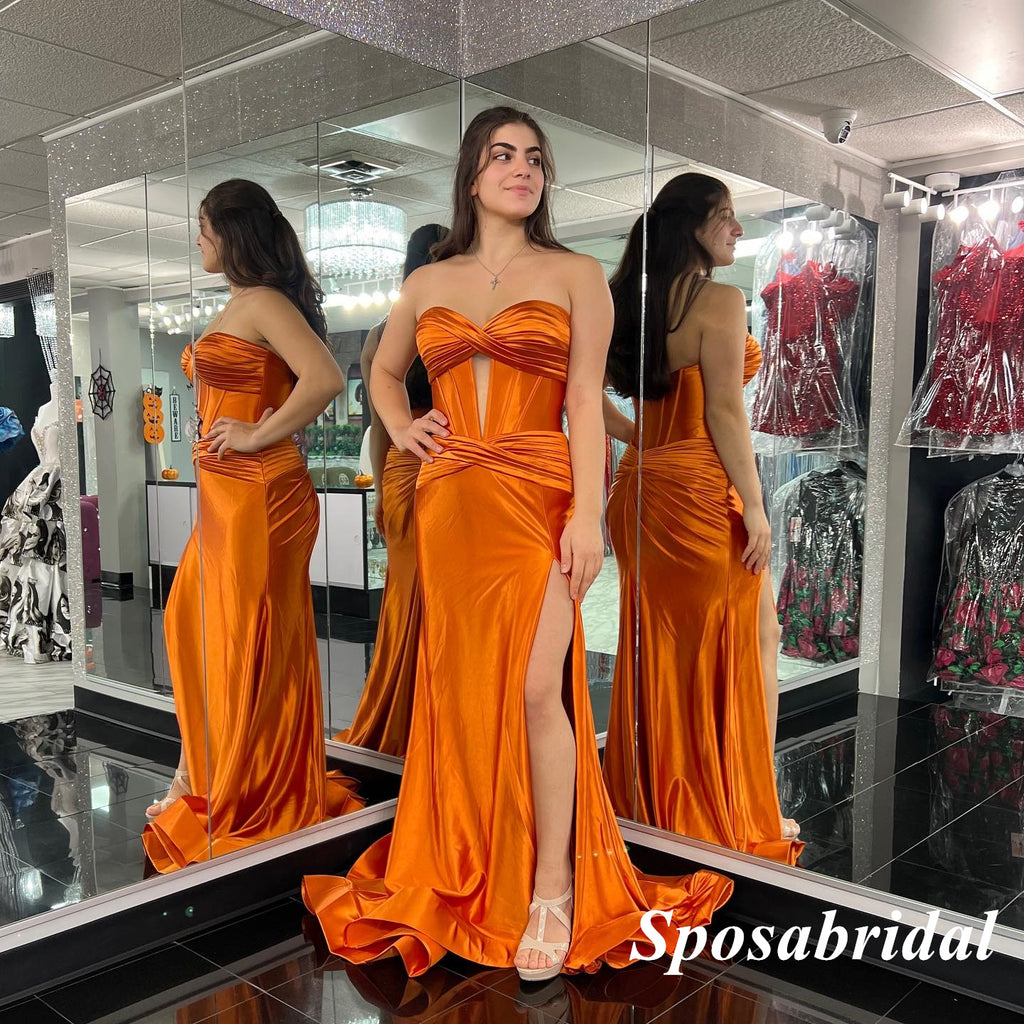 Sexy Orange Soft Satin Sweetheart Side Slit Mermaid Long Prom Dresses, PD3764